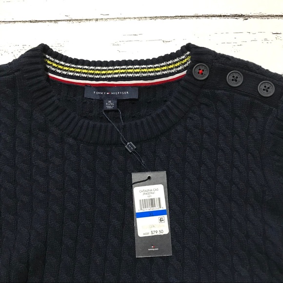 Tommy Hilfiger Button Shoulder Cable Knit Crewneck Sweater - Picture 6 of 16